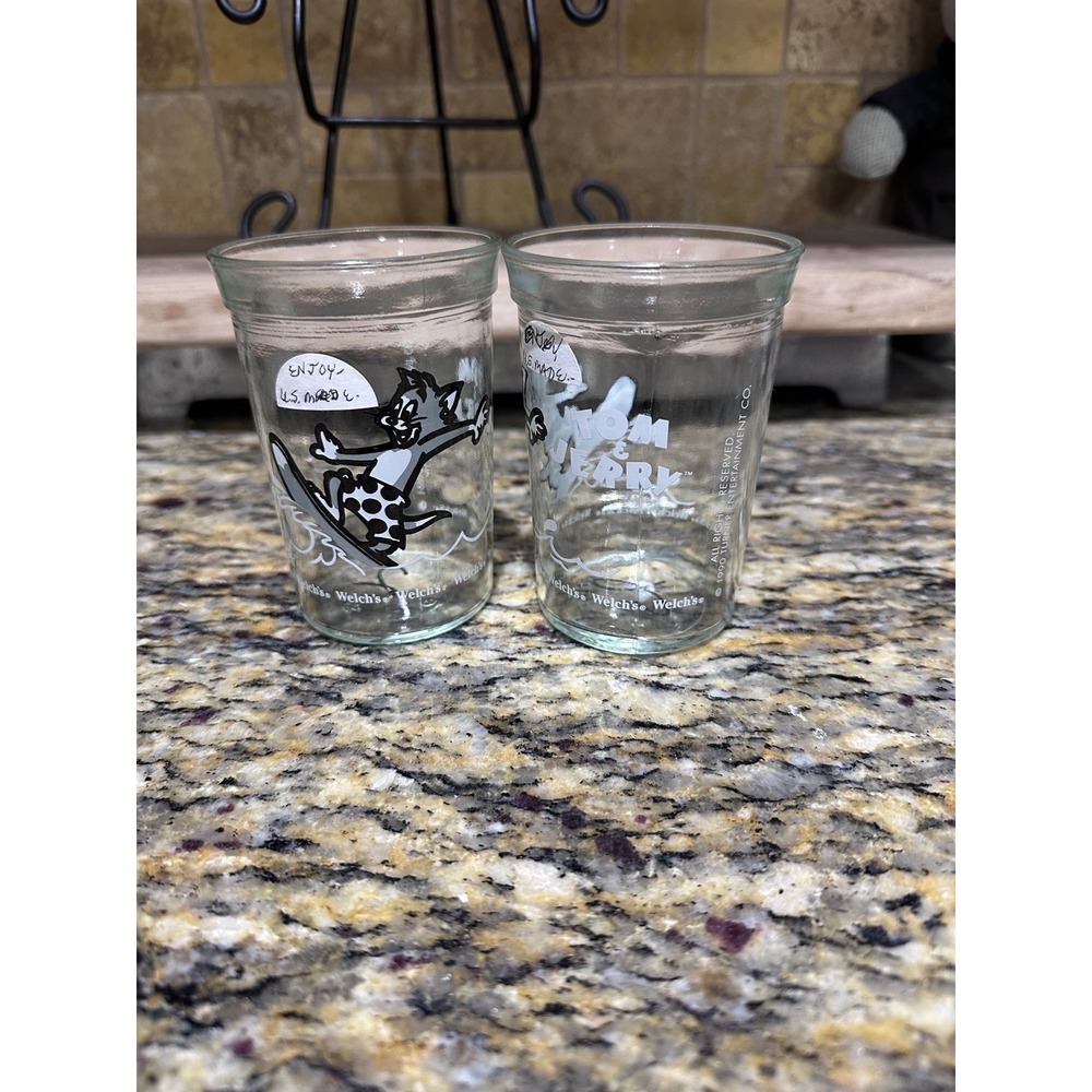 Set Of 2 1990s Tom & Jerry Welch's Jelly‎ Jar Juice Glasses Surfing Tom